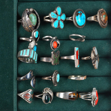 sz4-10 Navajo/Zuni/Southwestern sterling silver turquoise/coral/inlay rings lot