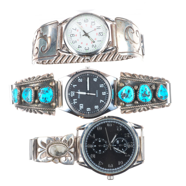 6.5"-7" Vintage Navajo sterling silver watch tips w/quartz watches lot/3