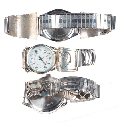 6.5"-7" Vintage Navajo sterling silver watch tips w/quartz watches lot/3