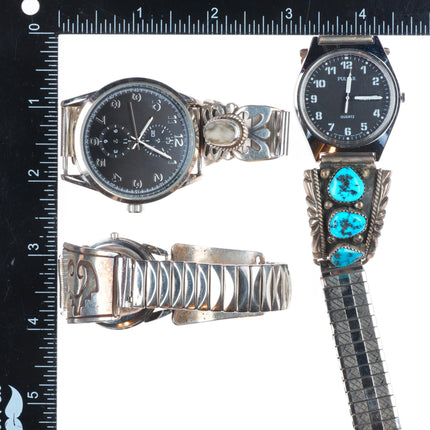 6.5"-7" Vintage Navajo sterling silver watch tips w/quartz watches lot/3