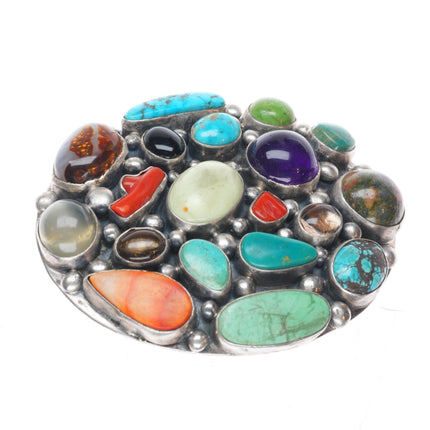 Bea Tom Navajo sterling silver, turquoise, coral, amethyst stone belt buckle
