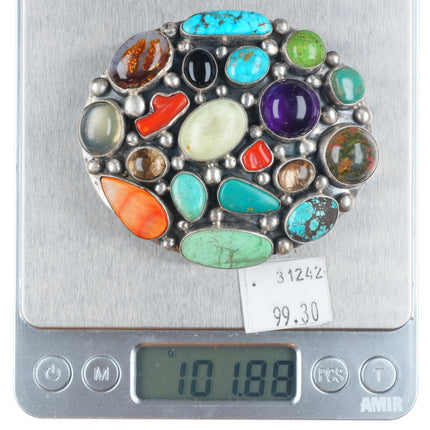 Bea Tom Navajo sterling silver, turquoise, coral, amethyst stone belt buckle