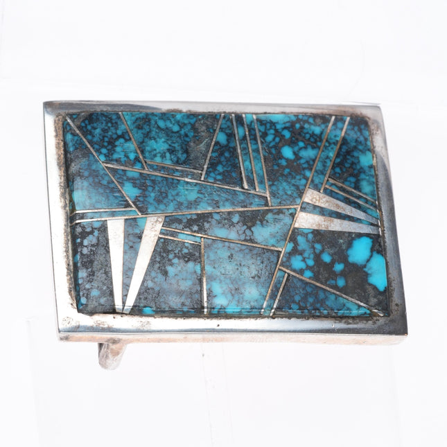 Vintage Navajo Sterling silver spiderweb turquoise channel inlay belt buckle