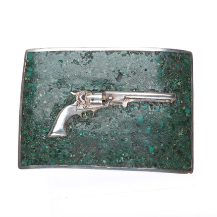Vintage BLB Southwestern sterling silver chip inlay turquoise pistol belt buckle