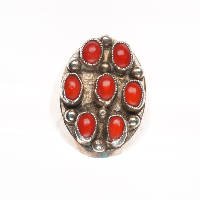 sz11 Heavy vintage Navajo sterling silver Mediterranean coral cluster ring