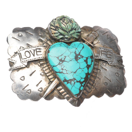 Big Vintage Sweet Bird Studio Sterling silver turquoise heart belt buckle