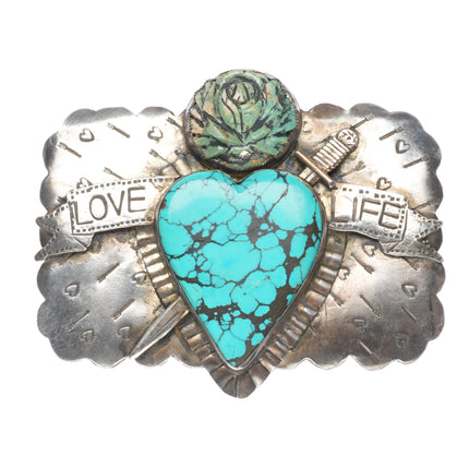 Big Vintage Sweet Bird Studio Sterling silver turquoise heart belt buckle