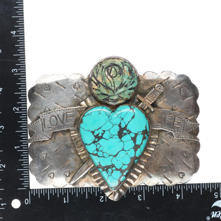 Big Vintage Sweet Bird Studio Sterling silver turquoise heart belt buckle