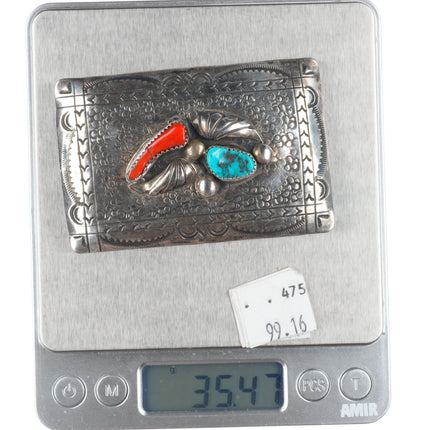 Richard Henry Yazzie Navajo sterling silver, turquoise, branch coral belt buckle