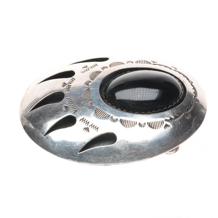 Vintage Ted Guerro Navajo sterling silver Onyx bear paw shadowbox belt buckle