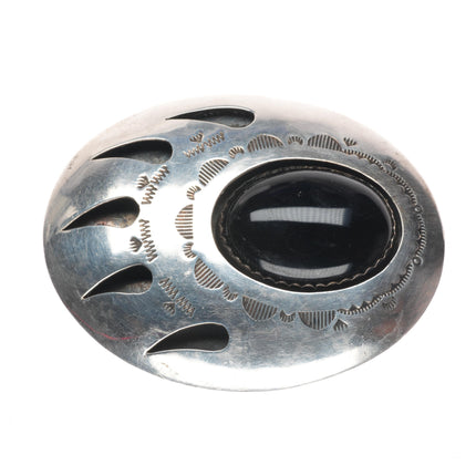 Vintage Ted Guerro Navajo sterling silver Onyx bear paw shadowbox belt buckle