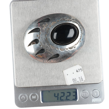 Vintage Ted Guerro Navajo sterling silver Onyx bear paw shadowbox belt buckle