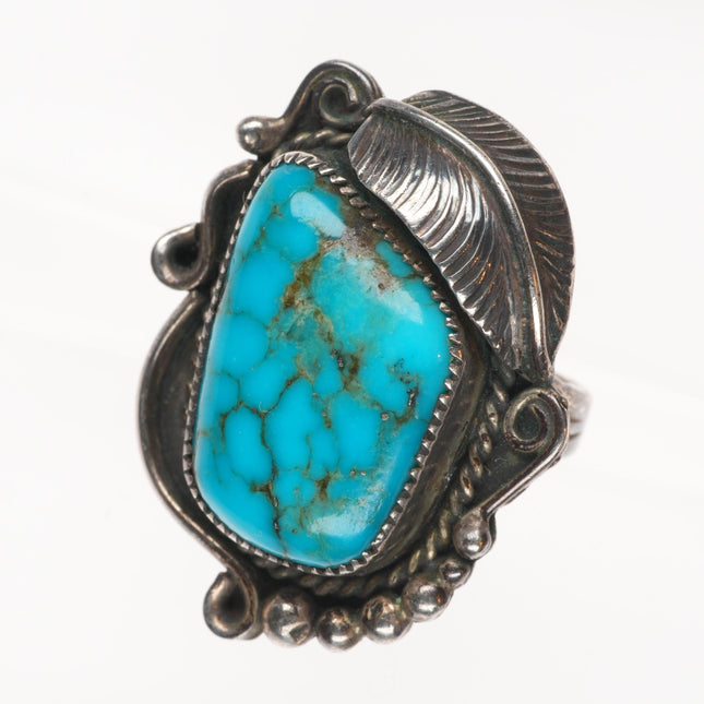sz6.75 Vintage CW Navajo sterling silver spiderweb turquoise ring w/feather