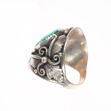 sz11.5 Vintage Navajo sterling silver feather embellished ring with turquoise