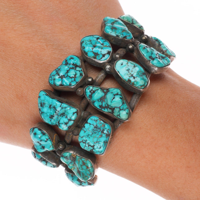 6.25" Vintage NS Zuni sterling silver carved spiderweb turquoise cuff bracelet