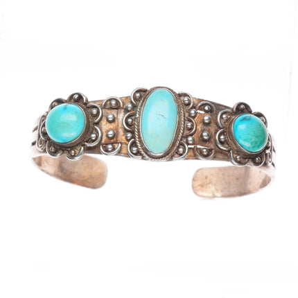 6.5" 30's-40's Navajo sterling silver 3 stone turquoise cuff bracelet
