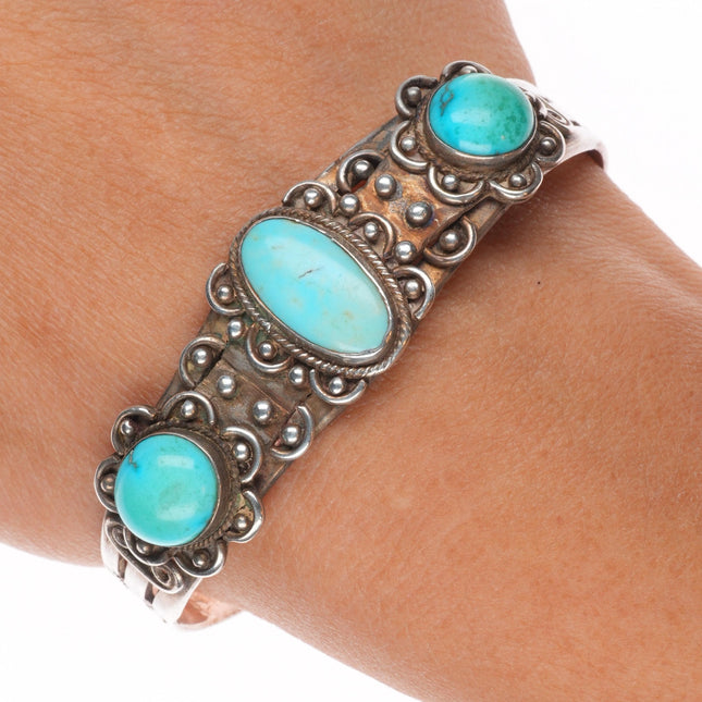 6.5" 30's-40's Navajo sterling silver 3 stone turquoise cuff bracelet