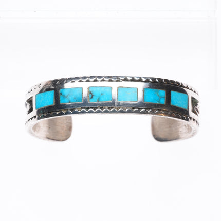 6" Vintage Zuni sterling silver flush channel inlay turquoise row cuff bracelet