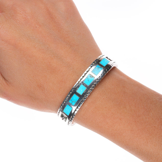 6" Vintage Zuni sterling silver flush channel inlay turquoise row cuff bracelet