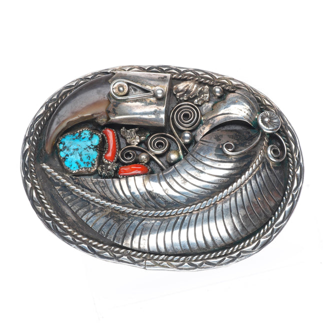 Vintage Toadlena Navajo sterling silver turquoise/coral Racoon claw belt buckle