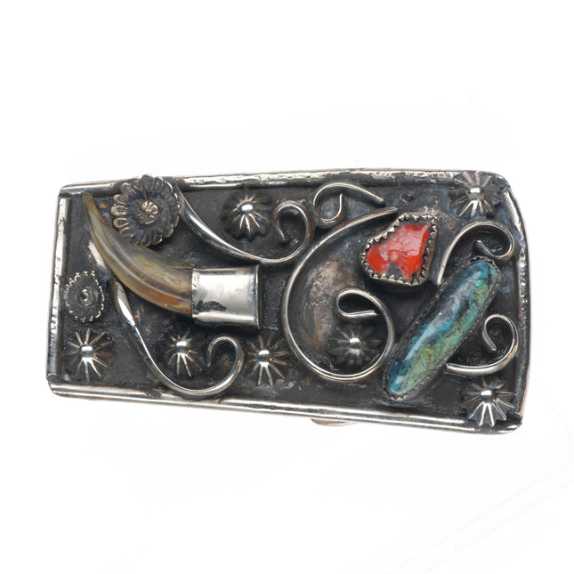 Vintage small Navajo sterling silver turquoise/coral Racoon claw belt buckle