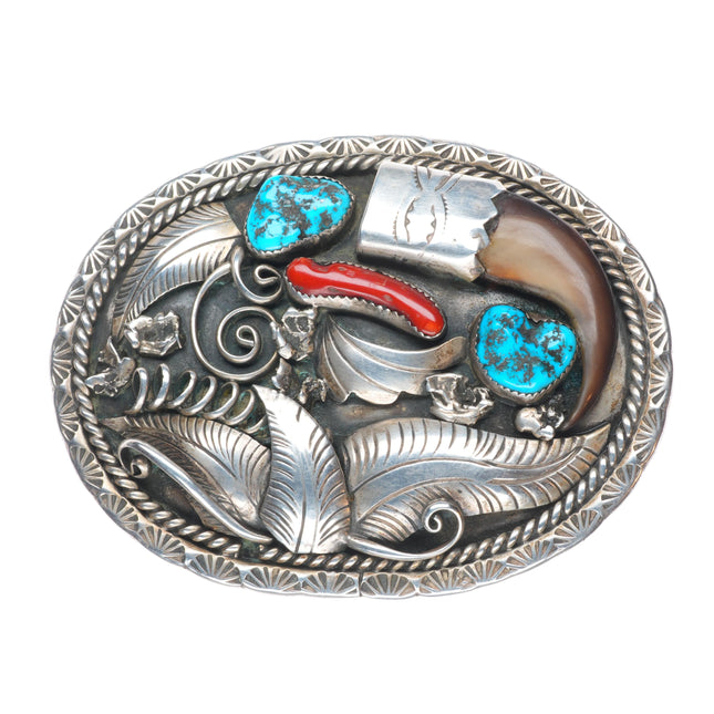 Vintage FS Navajo sterling silver turquoise/coral Racoon claw belt buckle