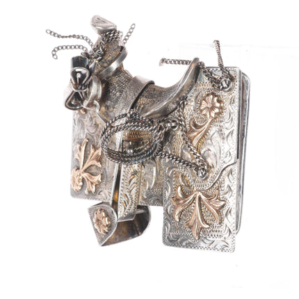 Vintage 10k gold on Sterling silver hand engraved Saddle belt buckle