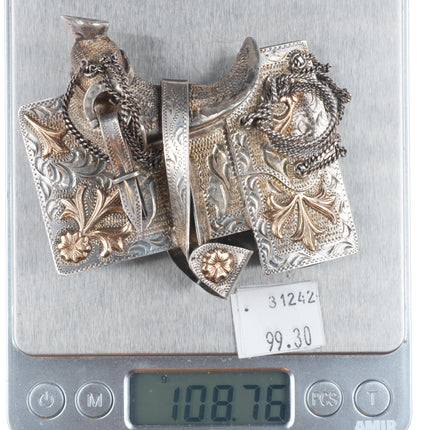 Vintage 10k gold on Sterling silver hand engraved Saddle belt buckle