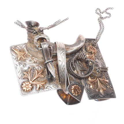 Vintage 10k gold on Sterling silver hand engraved Saddle belt buckle