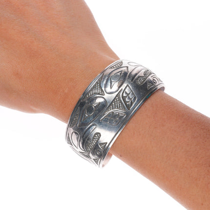 7" Rick Booth Tlingit sterling silver hand carved eagle cuff bracelet