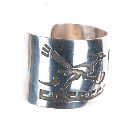 8 1/8" Elthe Navajo vintage sterling silver roadrunner overlay cuff bracelet