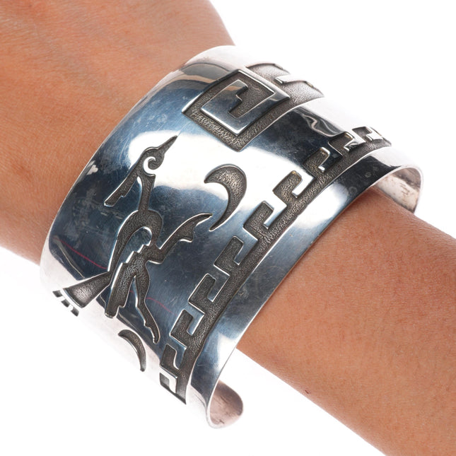 8 1/8" Elthe Navajo vintage sterling silver roadrunner overlay cuff bracelet
