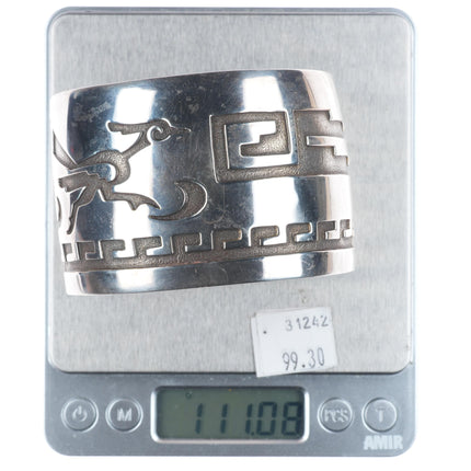 8 1/8" Elthe Navajo vintage sterling silver roadrunner overlay cuff bracelet