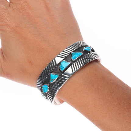 6.5" Vintage Navajo sterling silver freeform turquoise modernist cuff bracelet