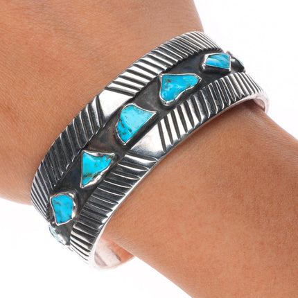 6.5" Vintage Navajo sterling silver freeform turquoise modernist cuff bracelet