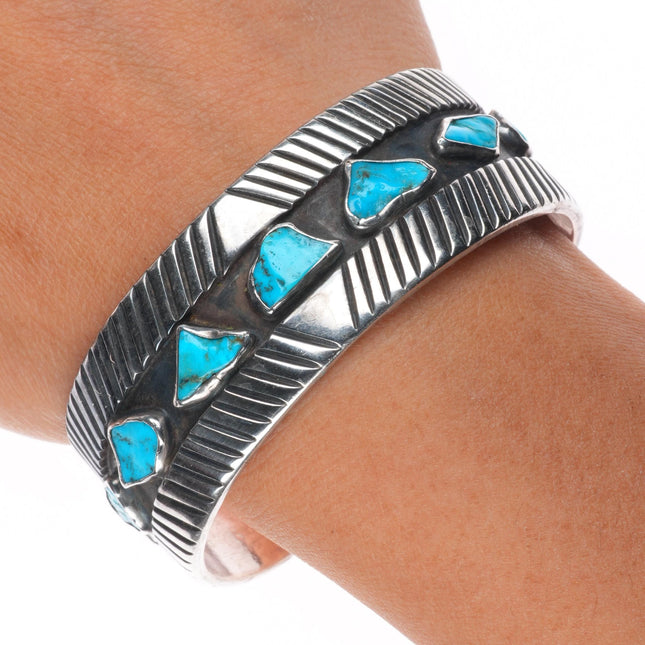 6.5" Vintage Navajo sterling silver freeform turquoise modernist cuff bracelet