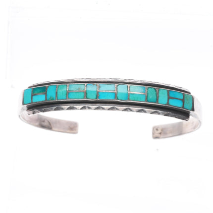 6.5" Vintage Zuni sterling silver channel inlay hand stamped cuff bracelet