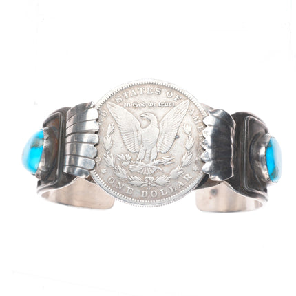 7" Vintage Navajo sterling silver cuff bracelet with turquoise dollar coin