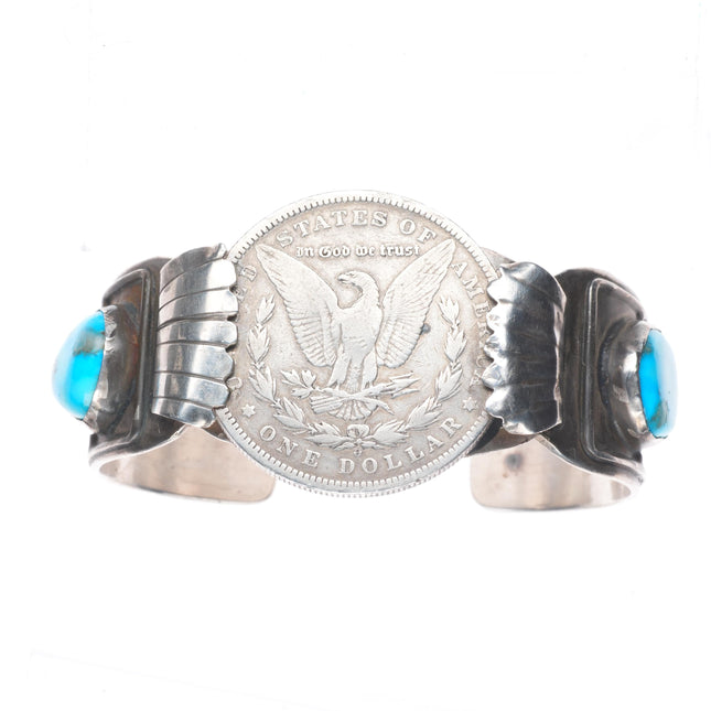 7" Vintage Navajo sterling silver cuff bracelet with turquoise dollar coin