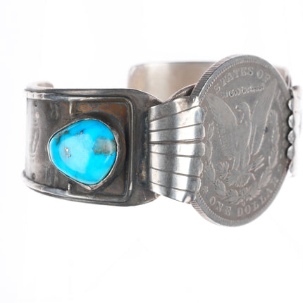 7" Vintage Navajo sterling silver cuff bracelet with turquoise dollar coin