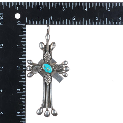 Big Vintage Ornate Southwestern sterling silver cross pendant with turquoise