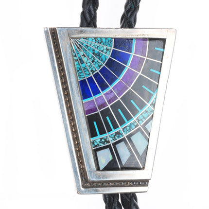 C Panteah Zuni sterling silver, opal, sugilite, turquoise micro-inlay bolo tie