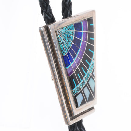 C Panteah Zuni sterling silver, opal, sugilite, turquoise micro-inlay bolo tie