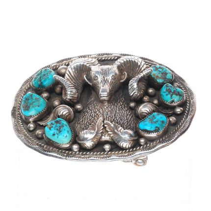 Vintage Navajo sterling silver 3D ram bust belt buckle with turquoise