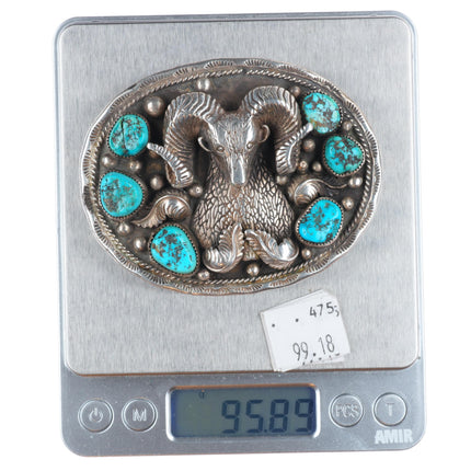 Vintage Navajo sterling silver 3D ram bust belt buckle with turquoise
