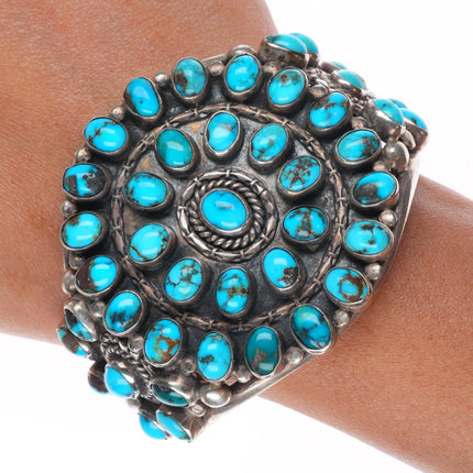 6.4" c1940's Zuni sterling silver big high grade turquoise cluster cuff bracelet
