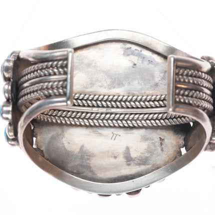 6.4" c1940's Zuni sterling silver big high grade turquoise cluster cuff bracelet