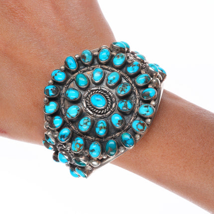 6.4" c1940's Zuni sterling silver big high grade turquoise cluster cuff bracelet