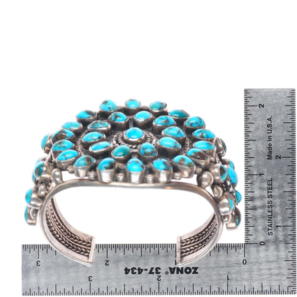 6.4" c1940's Zuni sterling silver big high grade turquoise cluster cuff bracelet