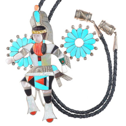 Eddie Beyuka Zuni Hoop dancer, carved turquoise/coral sterling silver bolo tie